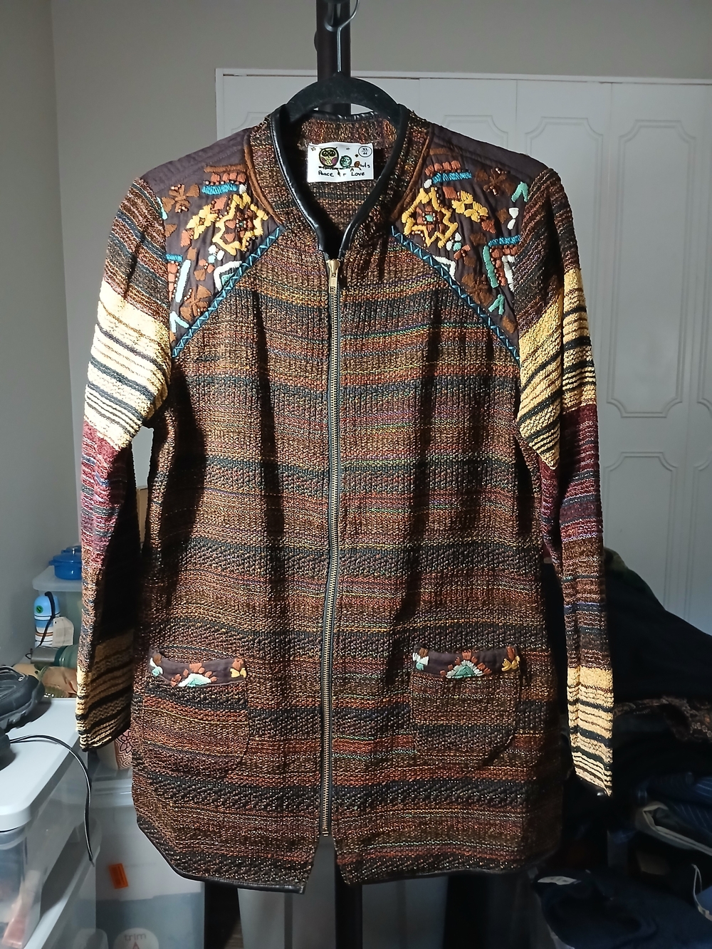 Peace Love World Multicolor Brown Striped Embroidered Zip Jacket